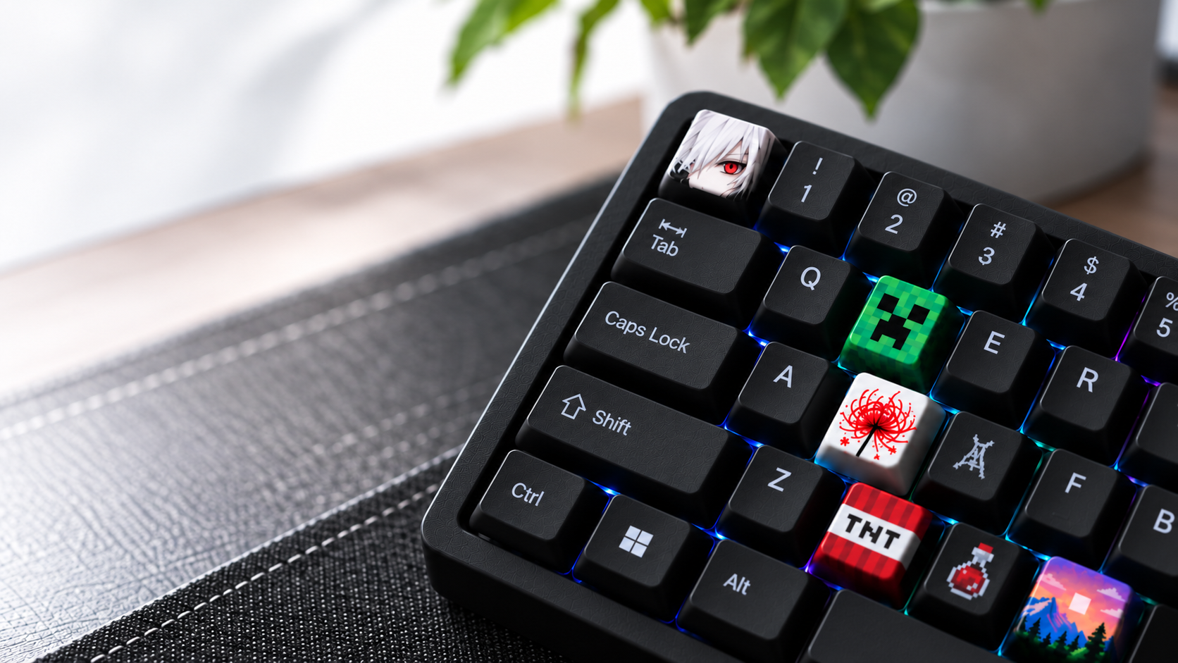 Black mechanical keyboard with colourful anime, gaming and Japanese flower keycaps